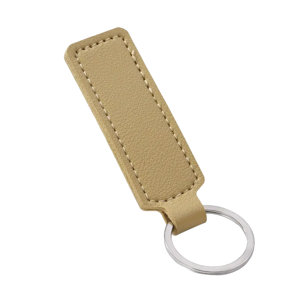 Tan leather minimalist strip keychain with a silver metal ring for car keys in a sleek design