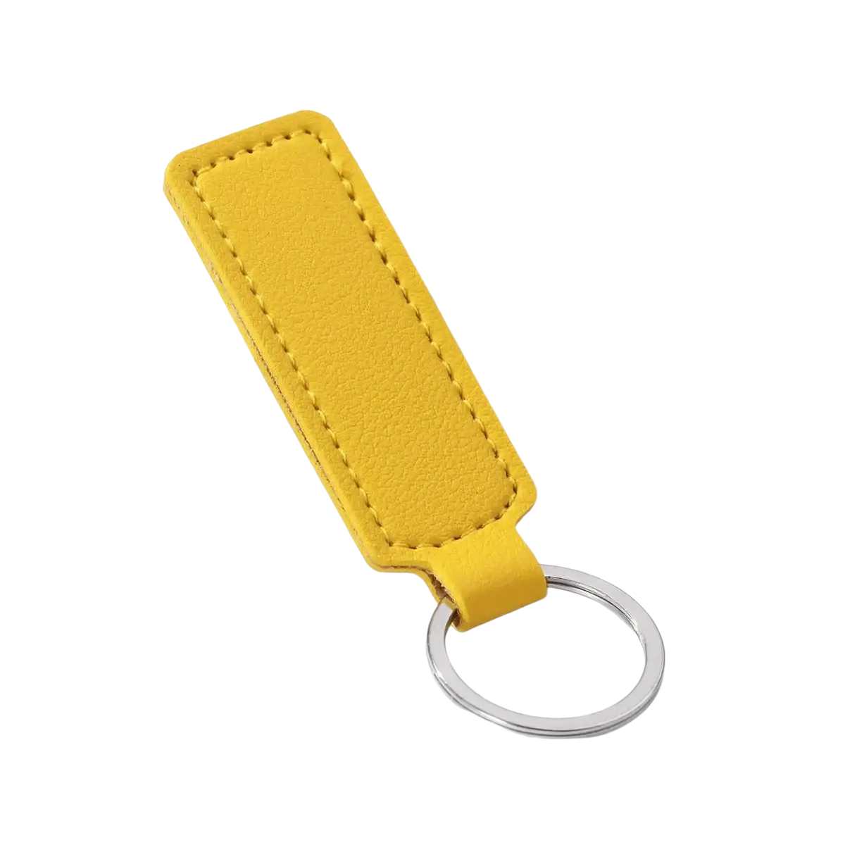 A vibrant yellow leather minimalist strip key ring keychain with sleek rectangular design and contrasting stitching
