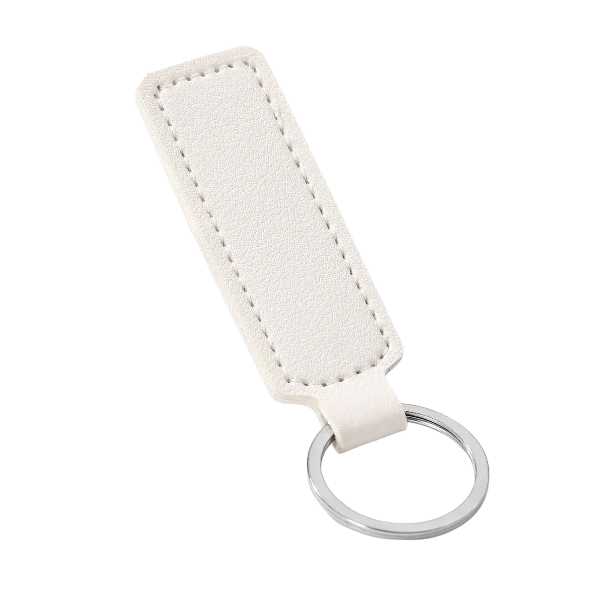 White leather minimalist strip keychain with a silver metal ring for holding car keys
