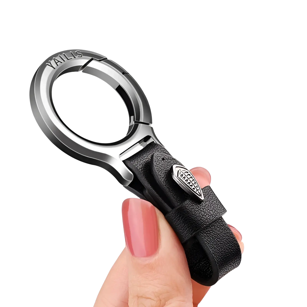 Black leather car keychain with silver zinc alloy loop and small metallic emblem multipurpose anti-loss holder