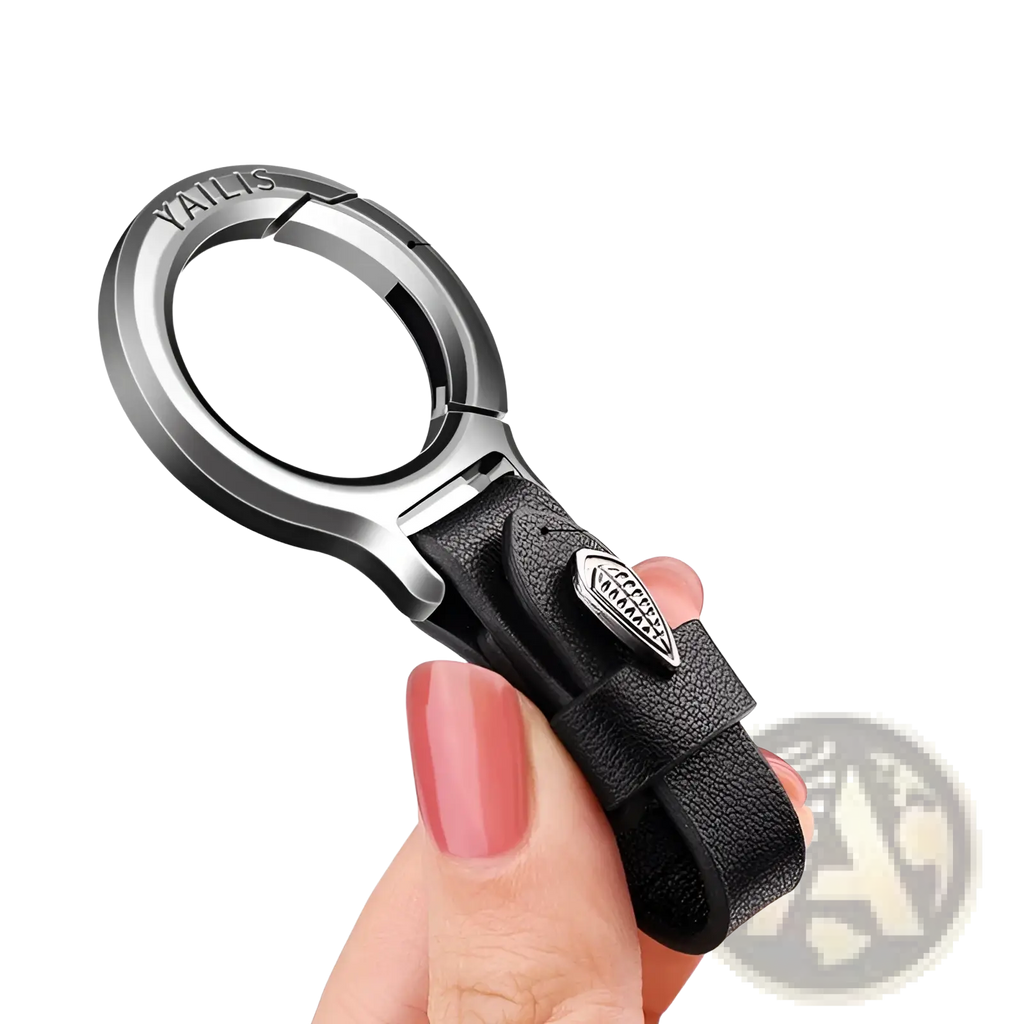 Black leather car keychain with silver zinc alloy loop and small metallic emblem multipurpose anti-loss holder