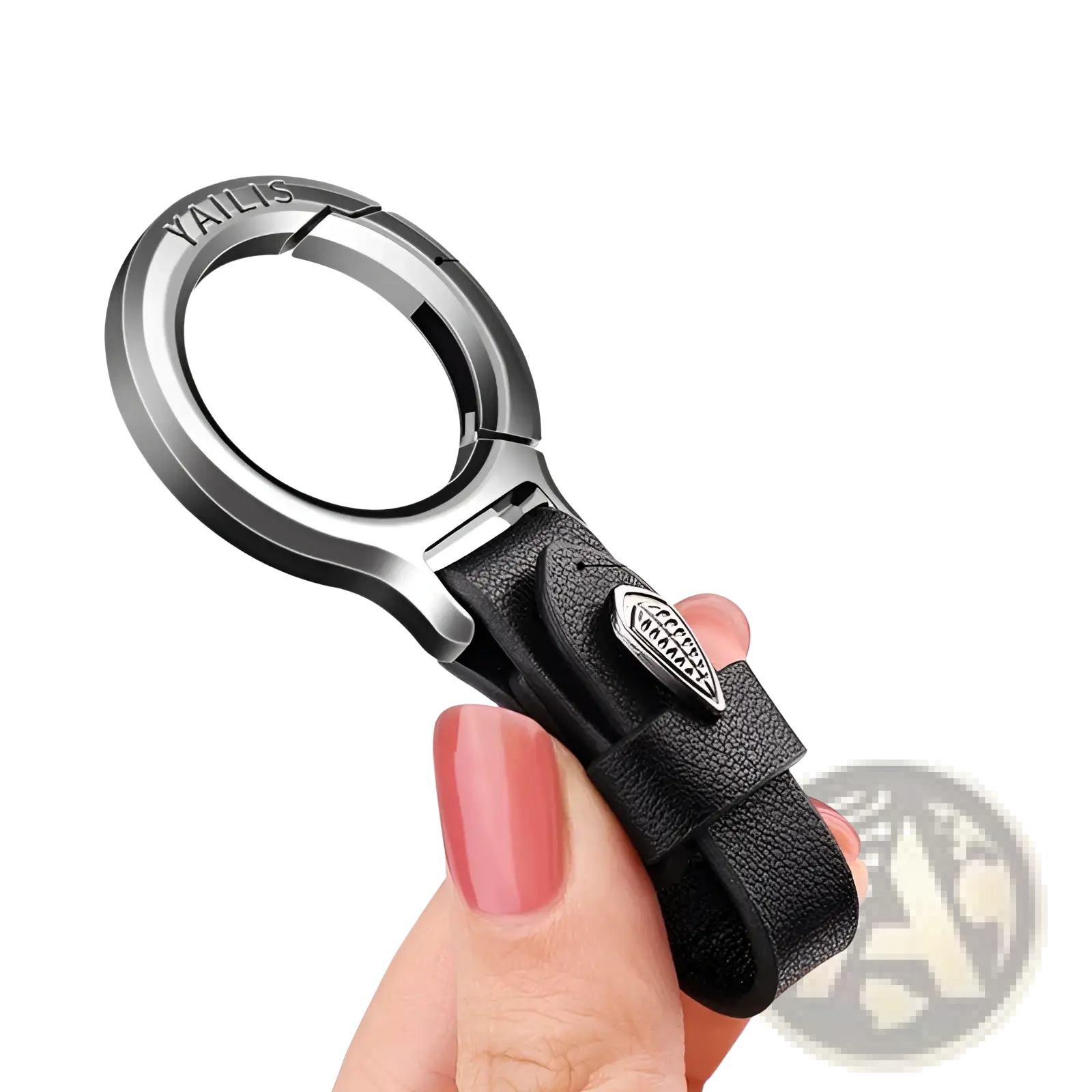 Black leather car keychain with silver zinc alloy loop and small metallic emblem multipurpose anti-loss holder
