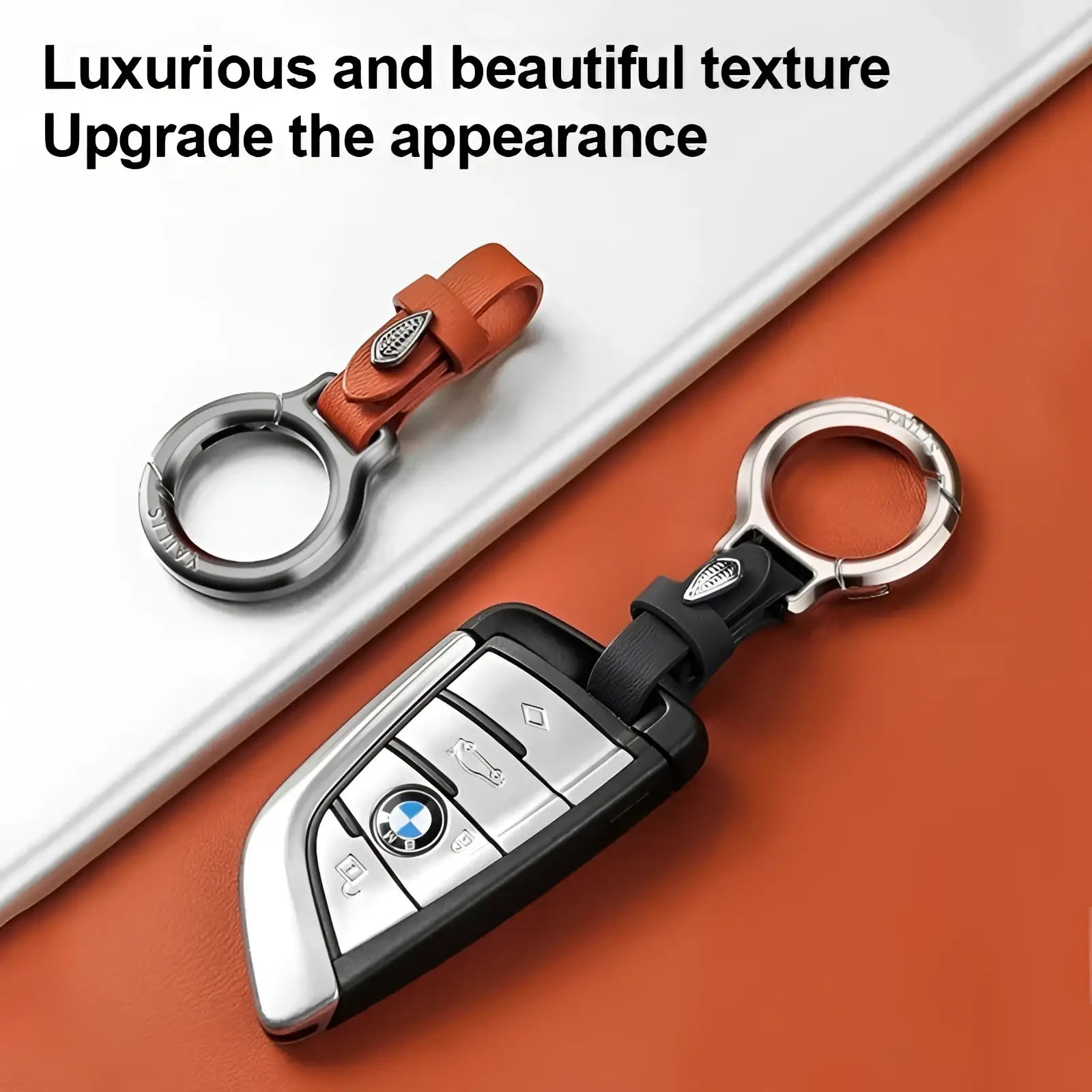 Black and silver bmw key fob with a sleek modern design featuring a leather car keychain multipurpose anti-loss holder