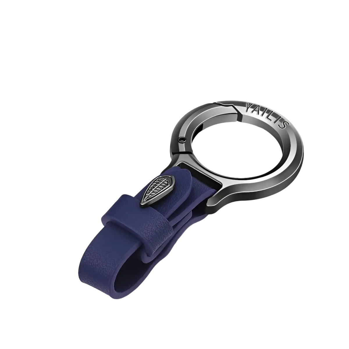 Blue cowhide leather car keychain with silver-toned metal ring and buckle multipurpose anti-loss holder