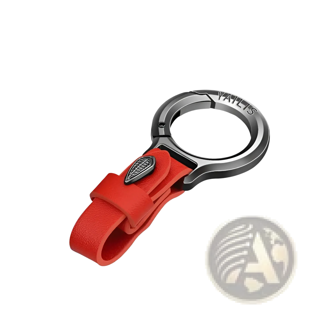 Red leather car keychain multipurpose anti-loss holder with black metal buckle and engraved branding