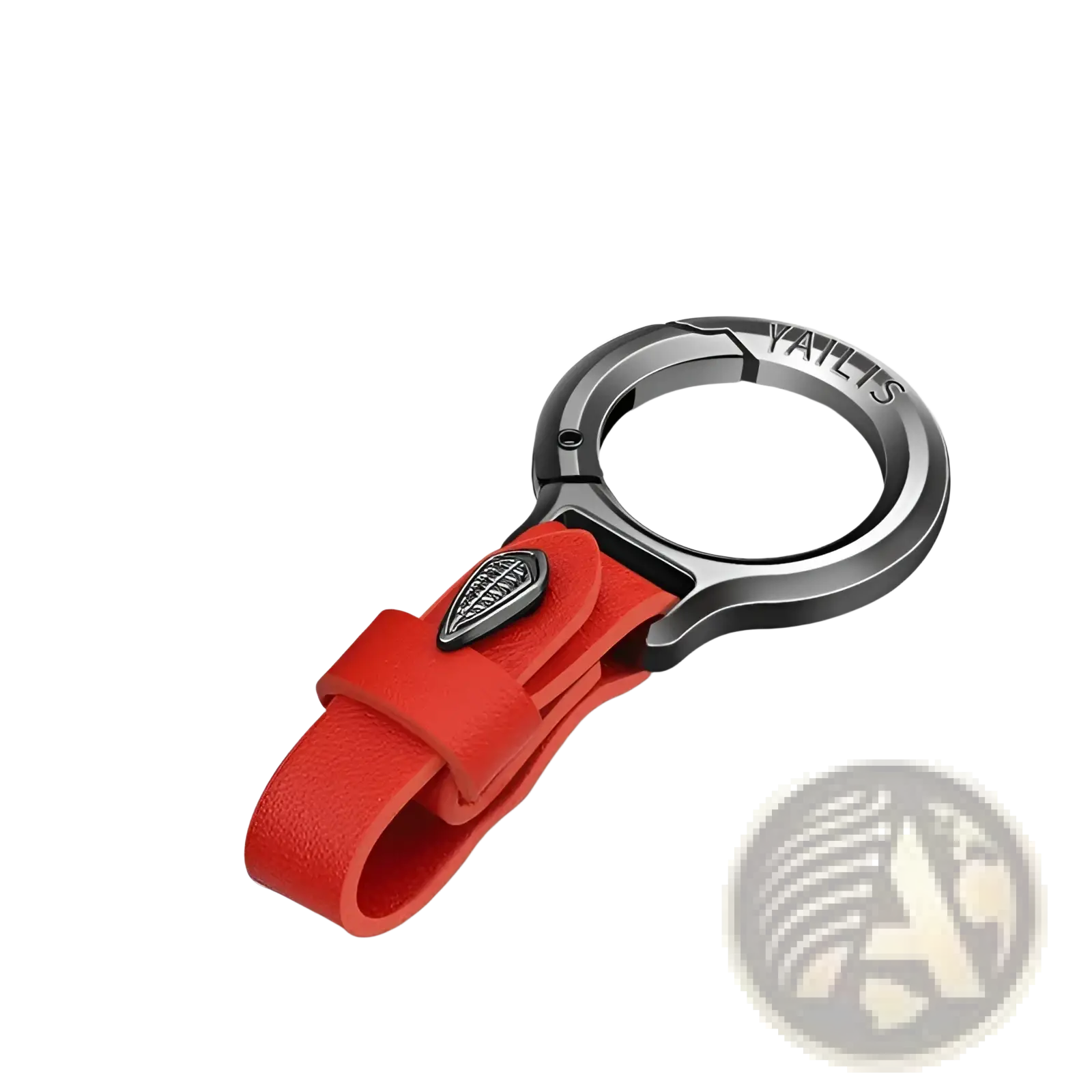 Red leather car keychain multipurpose anti-loss holder with black metal buckle and engraved branding