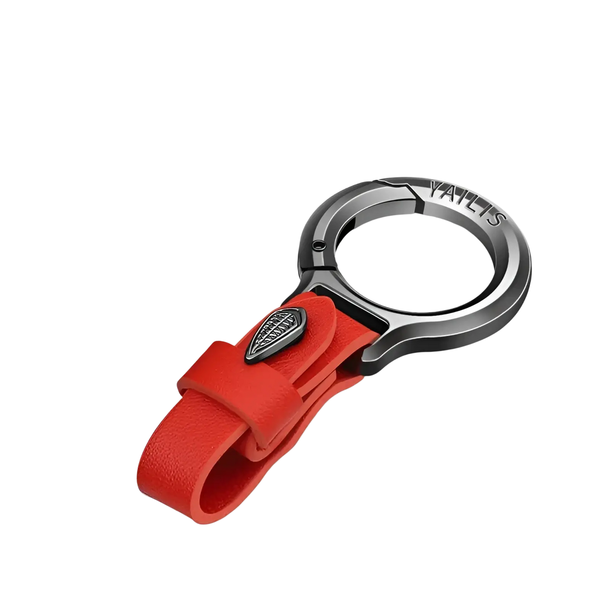Red leather car keychain multipurpose anti-loss holder with black metal buckle and engraved branding