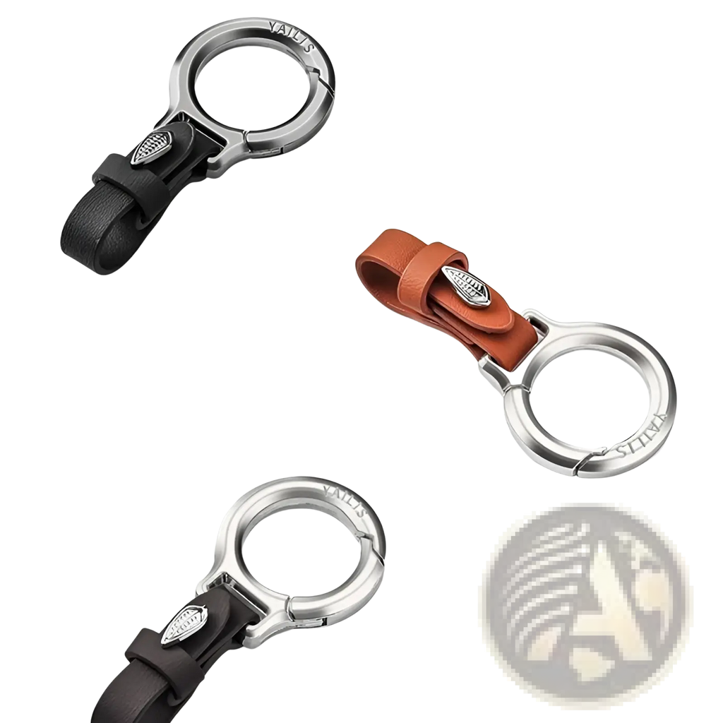 Leather car keychain multipurpose anti-loss holder with silver-toned metal ring, black leather strap, and engraved shield emblem