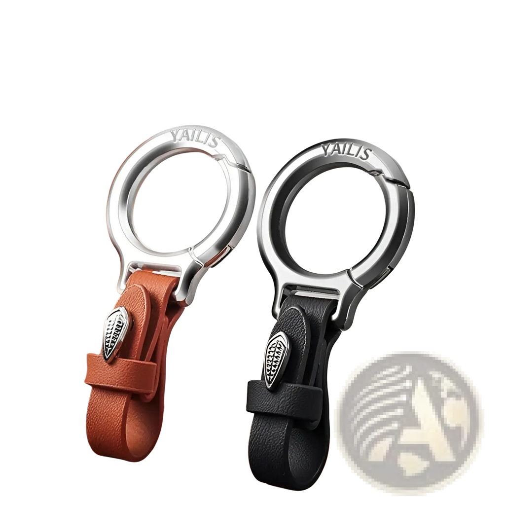 Leather car keychain multipurpose anti-loss holder with silver zinc alloy leaf accent and brown and black leather straps