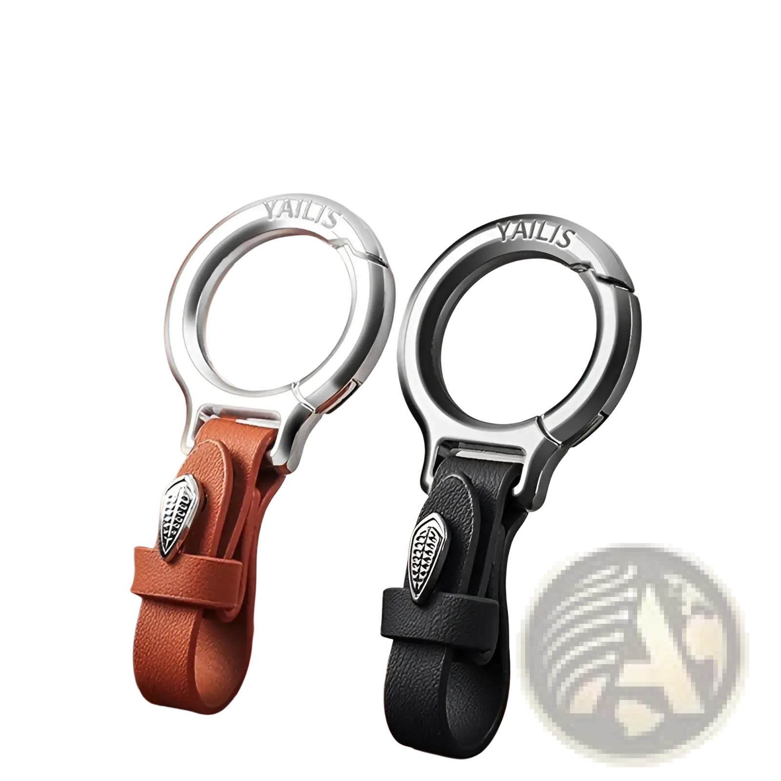 Leather car keychain multipurpose anti-loss holder with silver zinc alloy leaf accent and brown and black leather straps