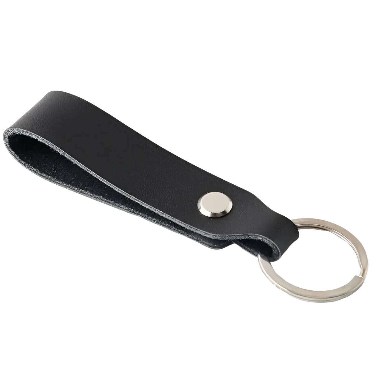 Black leather car keychain set with silver-toned metal ring and snap button genuine lanyard key holder