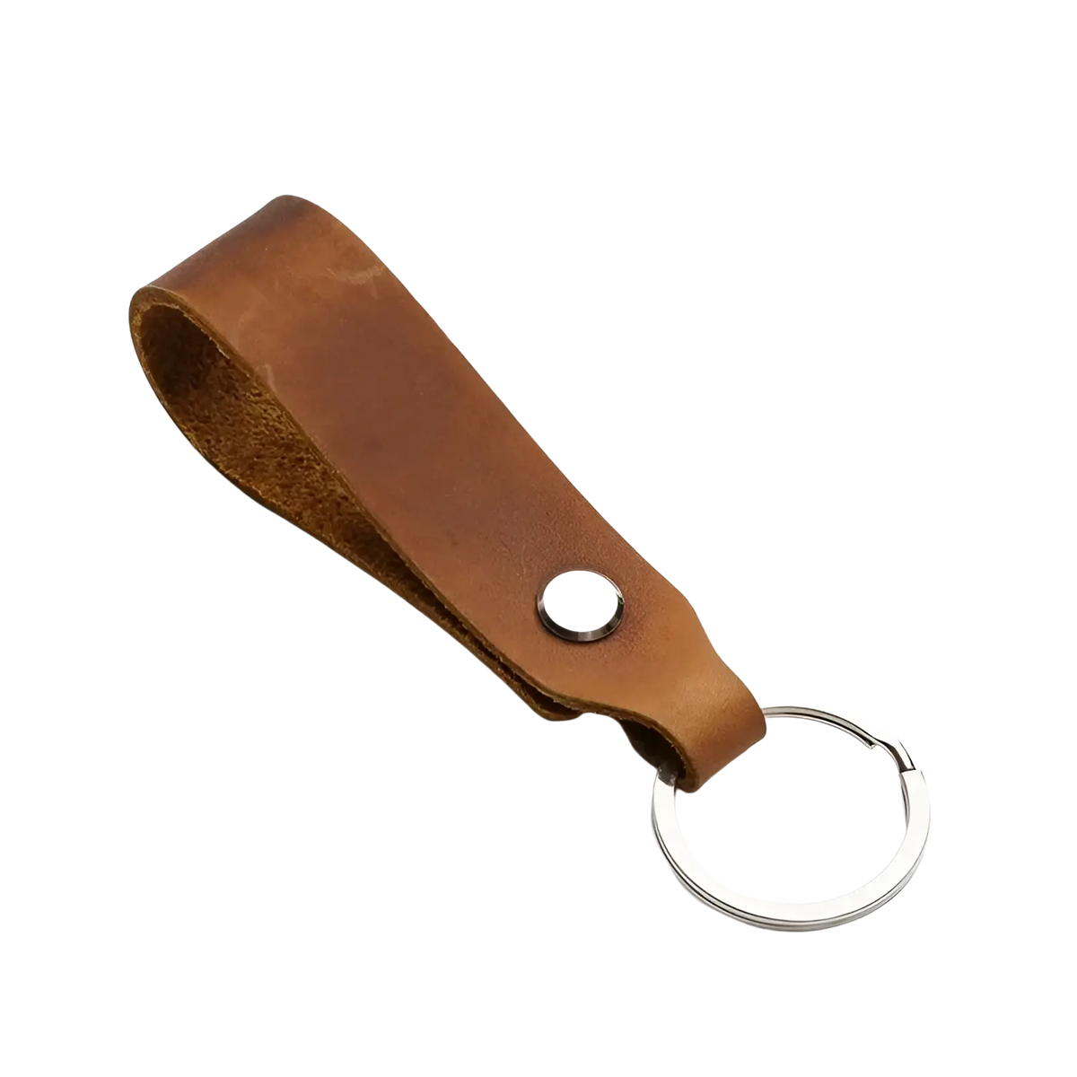 Brown leather car keychain with silver-toned metal ring and button in leather lanyard key holder set