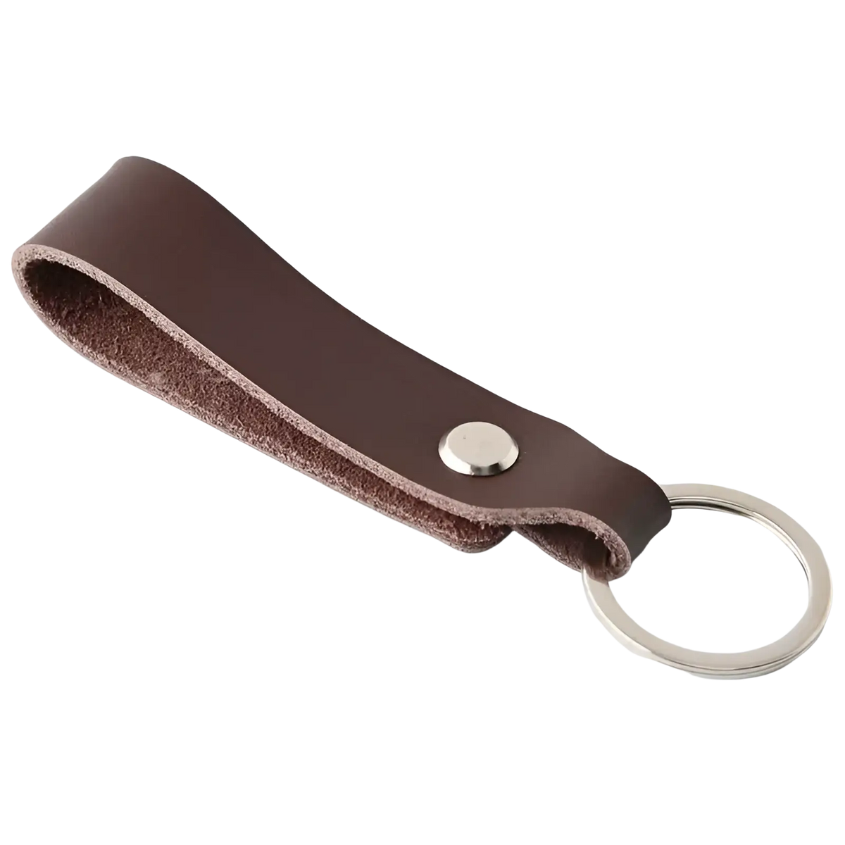 Brown leather car keychain set with genuine lanyard featuring silver-toned metal ring and snap button closure