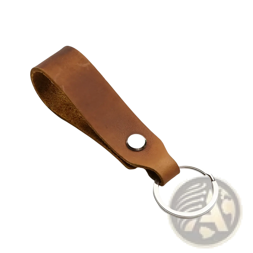 Brown leather car keychain with silver-toned metal ring and button in leather lanyard key holder set