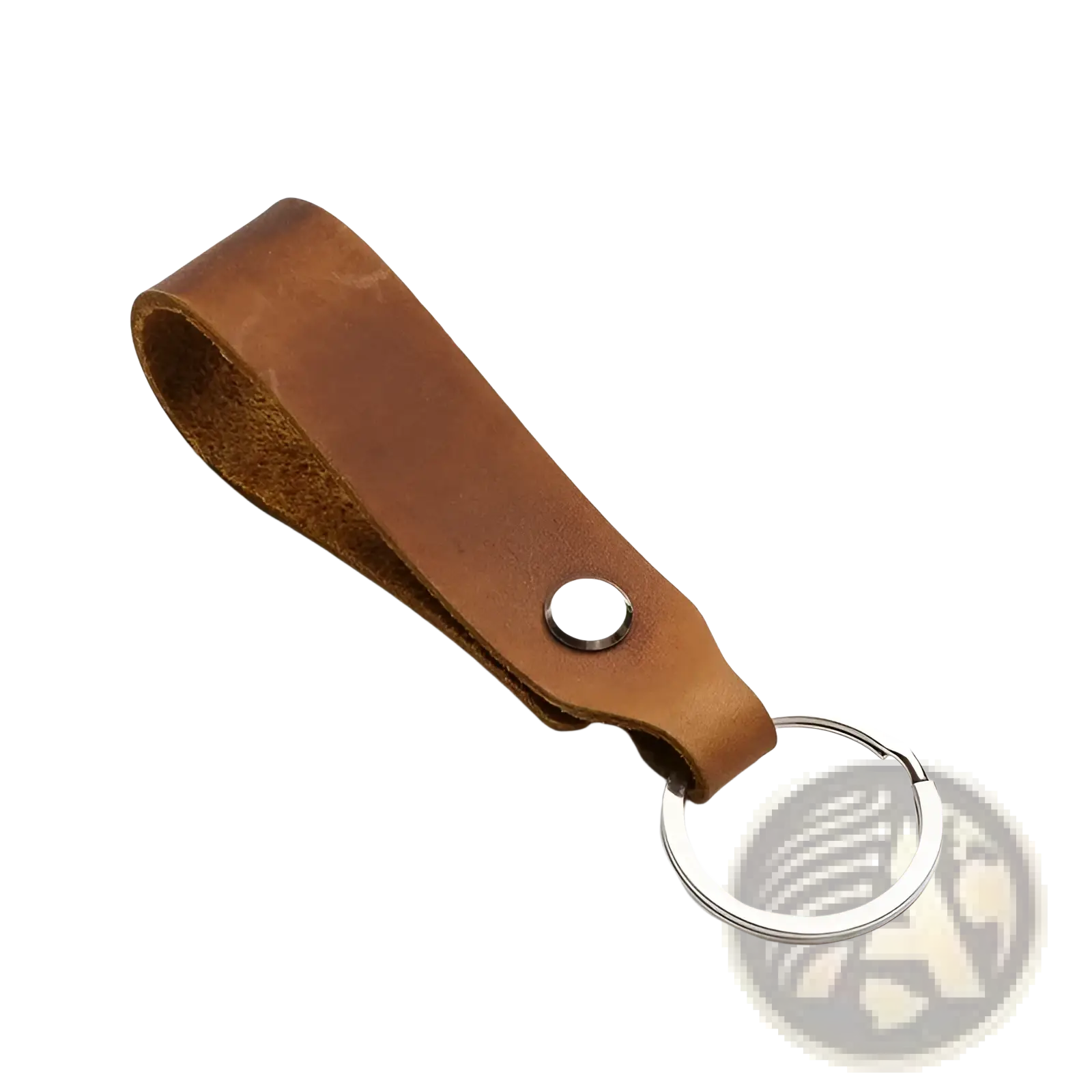 Brown leather car keychain with silver-toned metal ring and button in leather lanyard key holder set