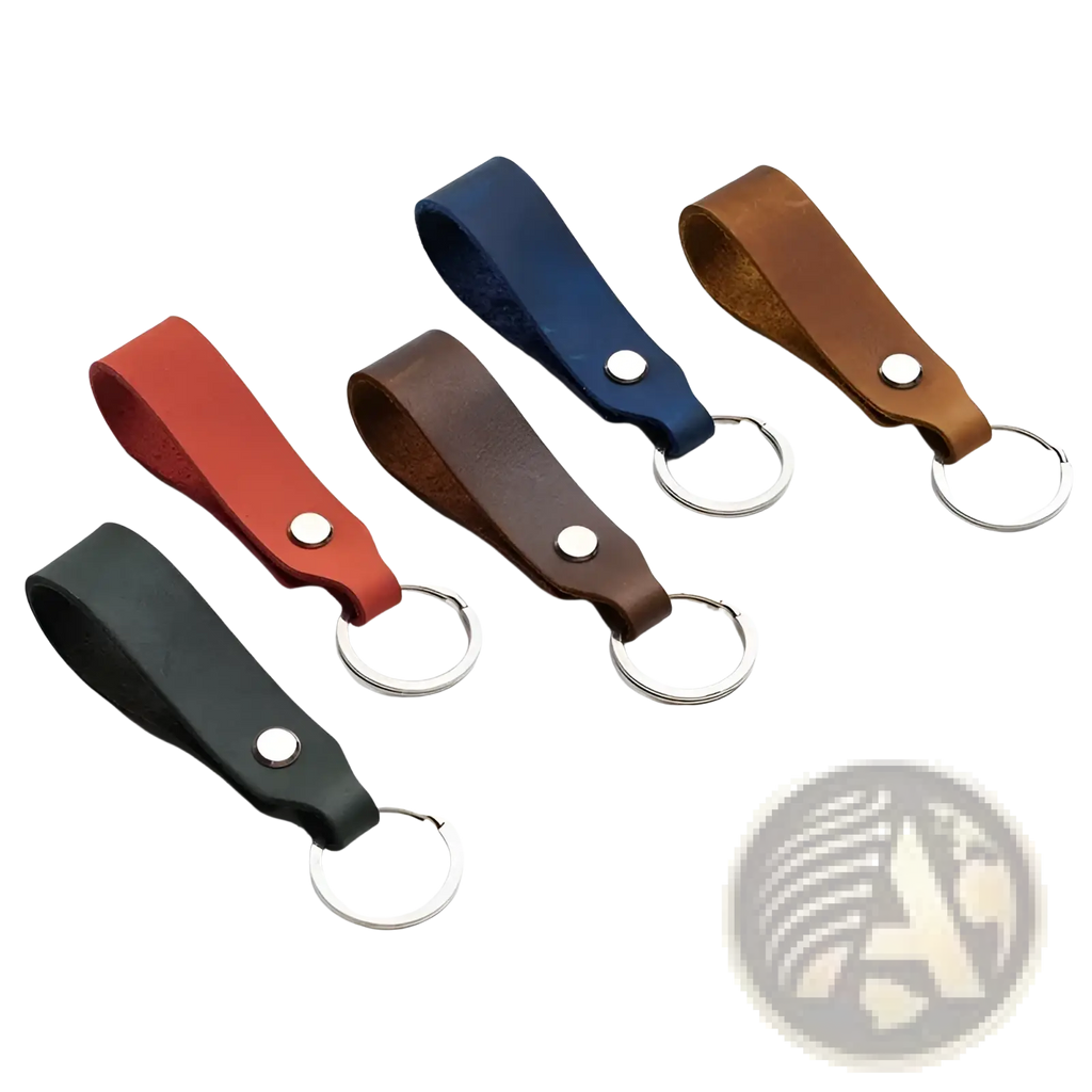 Five genuine leather car keychains in red black brown navy blue and tan with silver metal rings for key holding