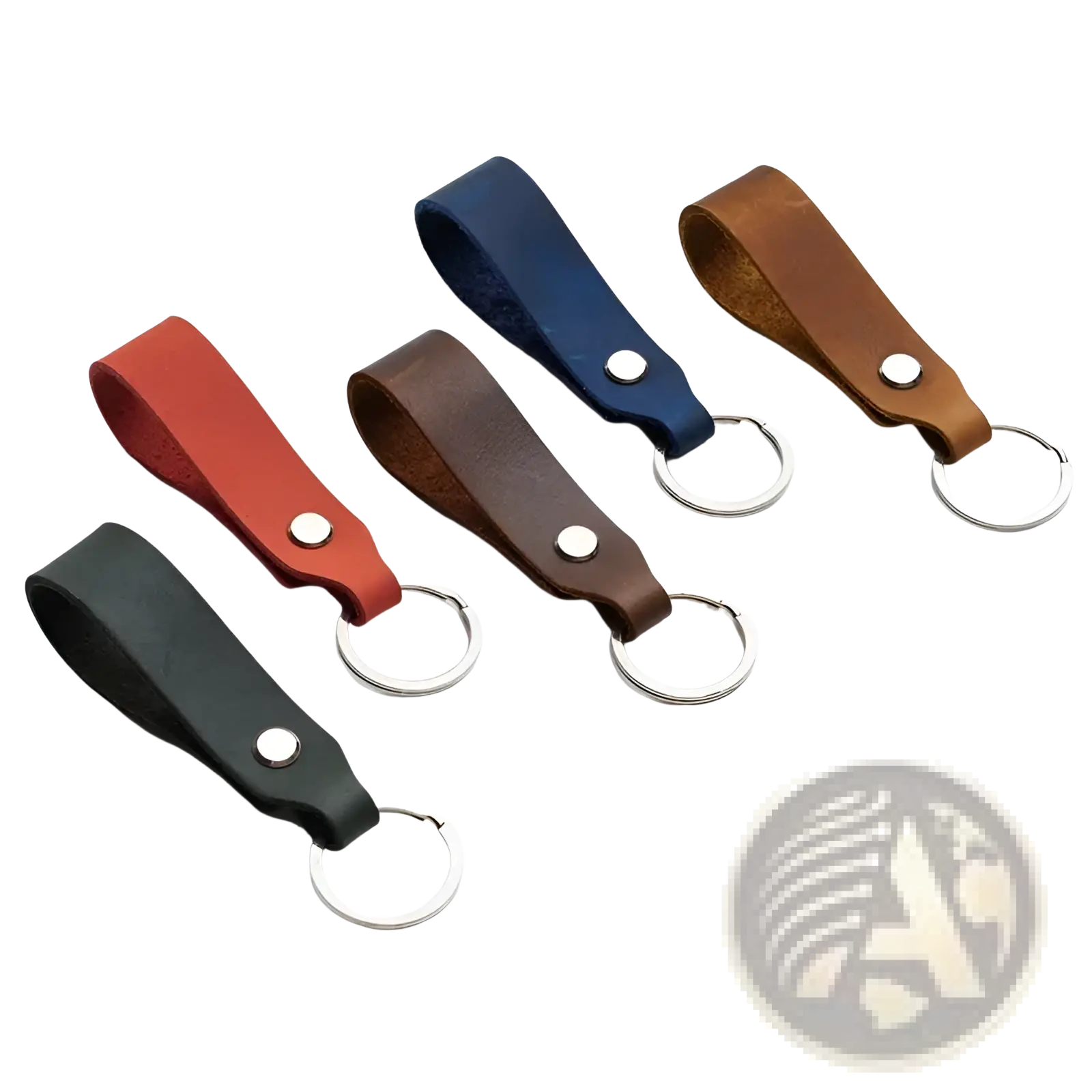 Five genuine leather car keychains in red black brown navy blue and tan with silver metal rings for key holding