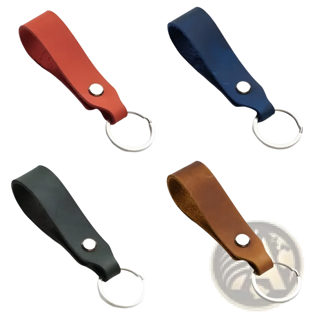 Leather car keychain set featuring four genuine leather lanyard key holders in red navy blue black and tan brown with silver metal rings
