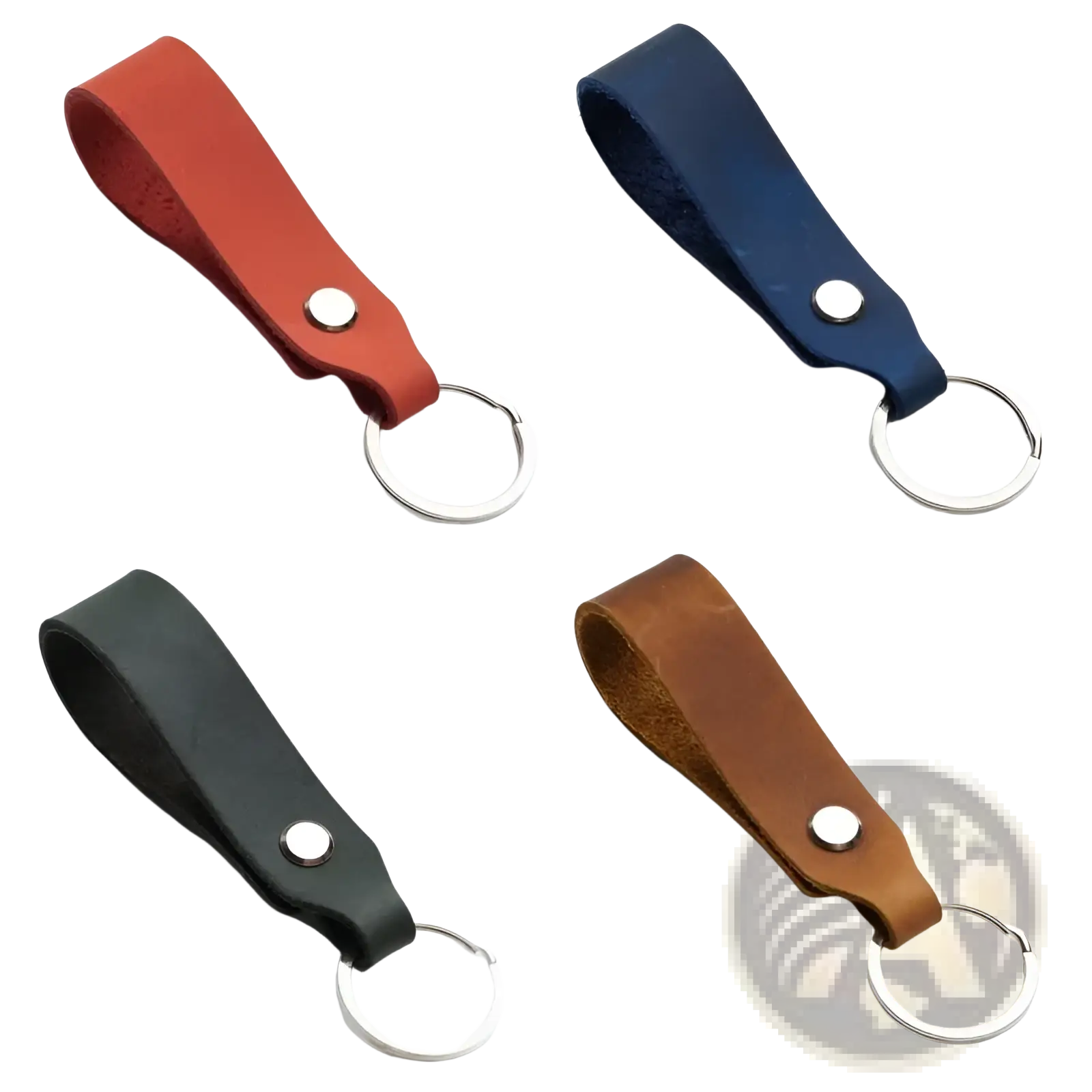 Leather car keychain set featuring four genuine leather lanyard key holders in red navy blue black and tan brown with silver metal rings