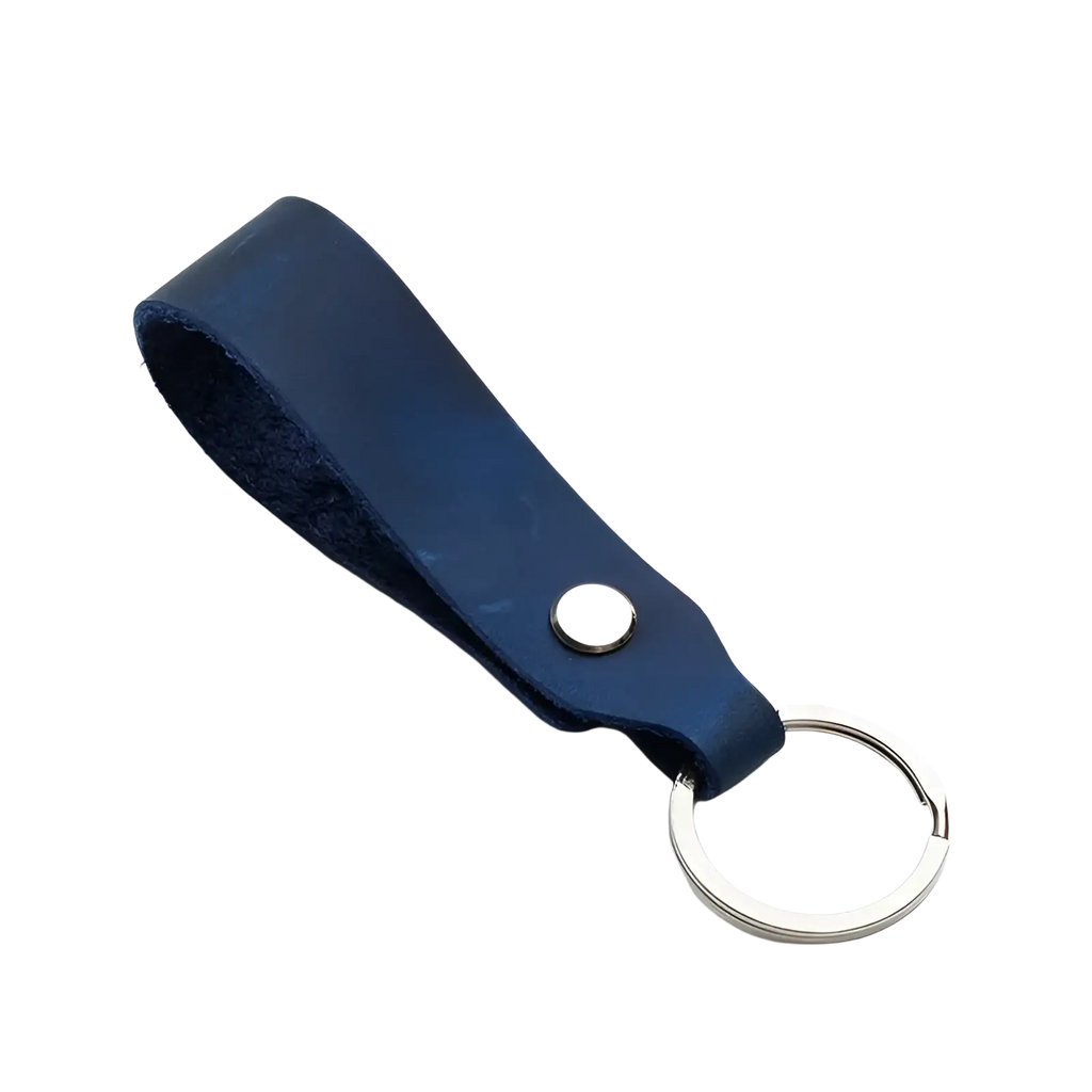 Navy blue genuine leather car keychain set with silver-toned metal ring and button fastening for secure holding