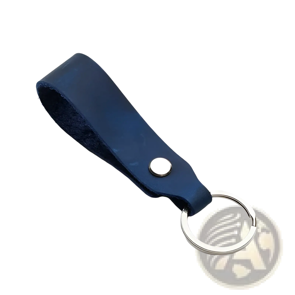 Navy blue genuine leather car keychain set with silver-toned metal ring and button fastening for secure holding