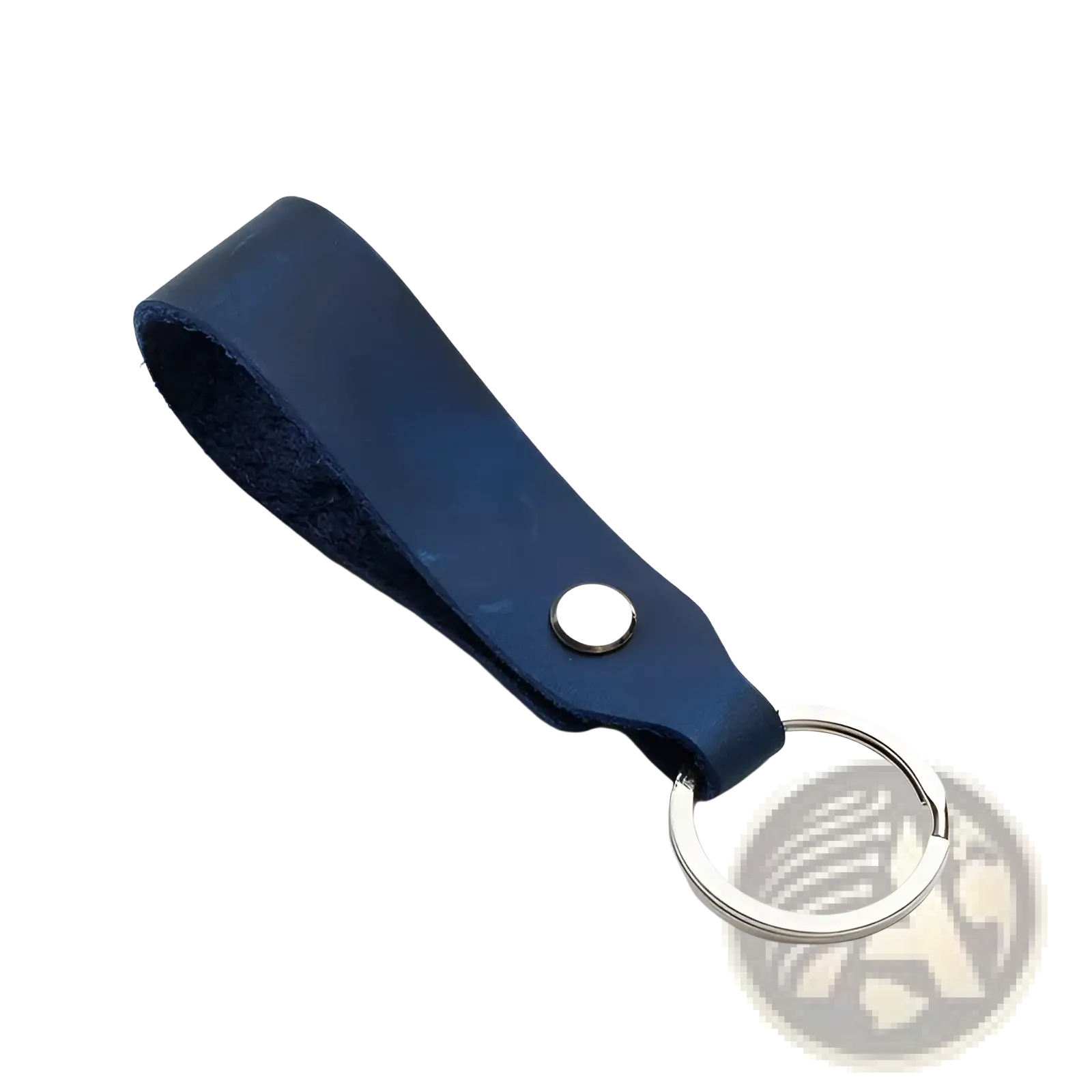 Navy blue genuine leather car keychain set with silver-toned metal ring and button fastening for secure holding