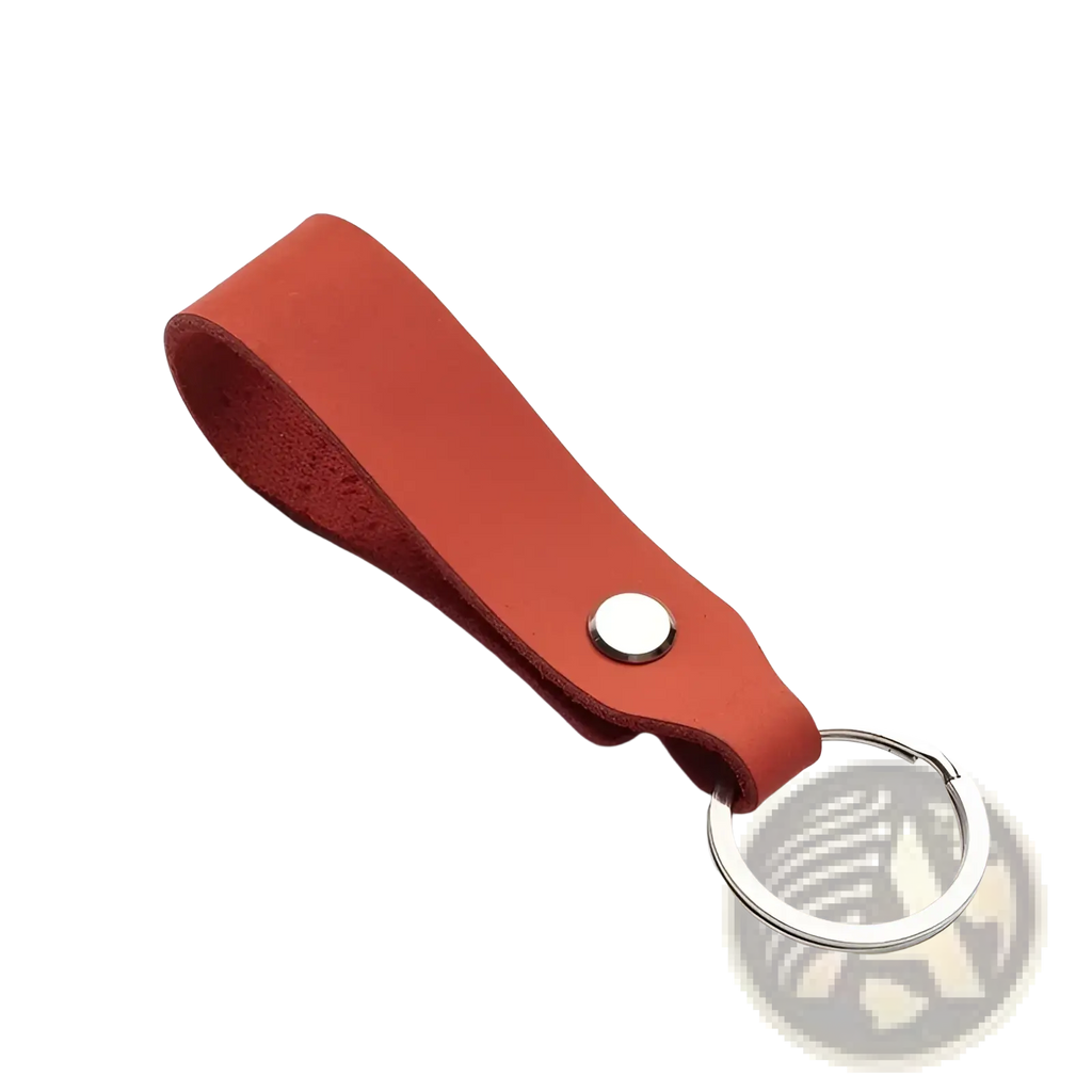 A sleek rust-colored leather car keychain set with silver-toned metal ring and button closure genuine lanyard key holder