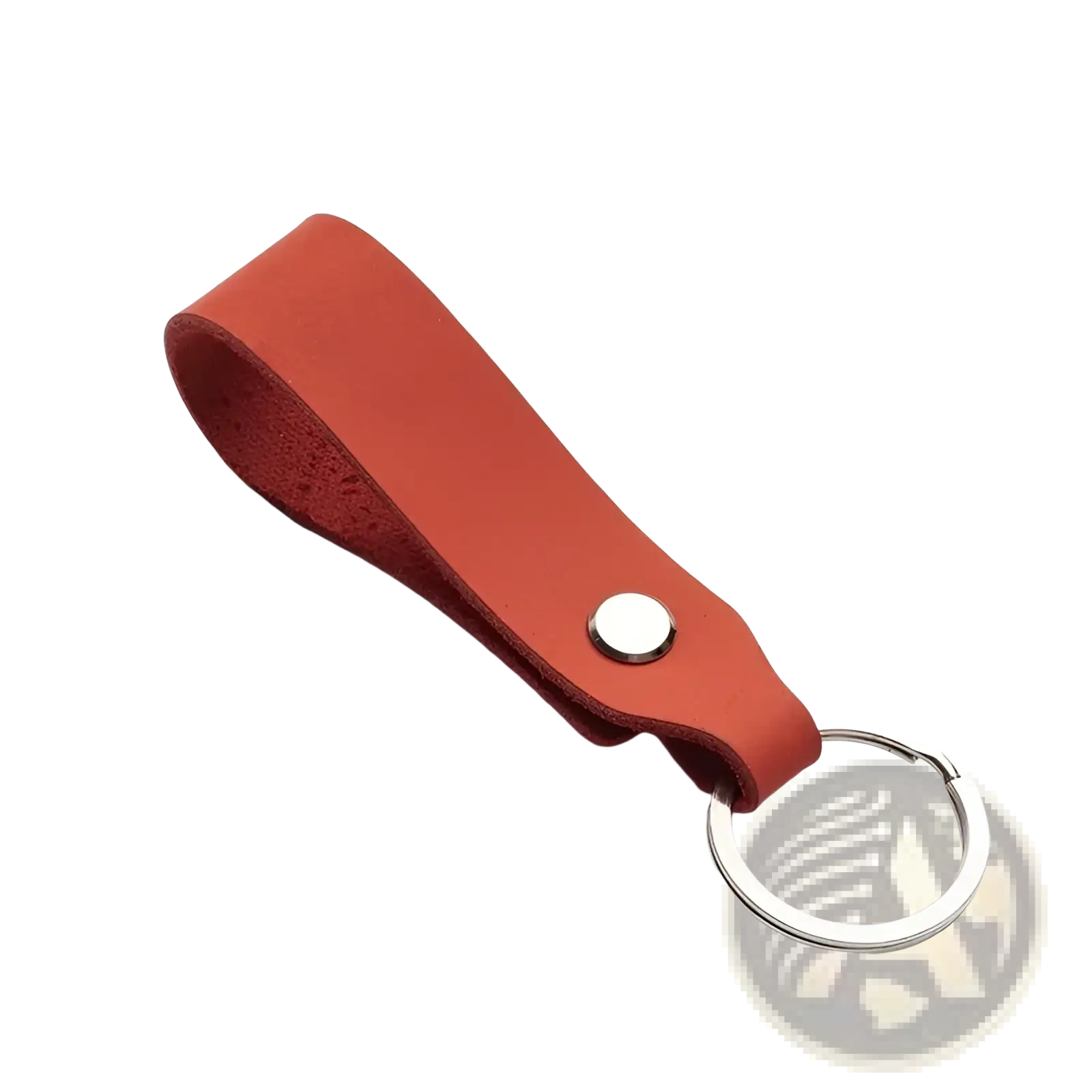 A sleek reddish-brown genuine leather car keychain with silver metal ring and button fastening key holder