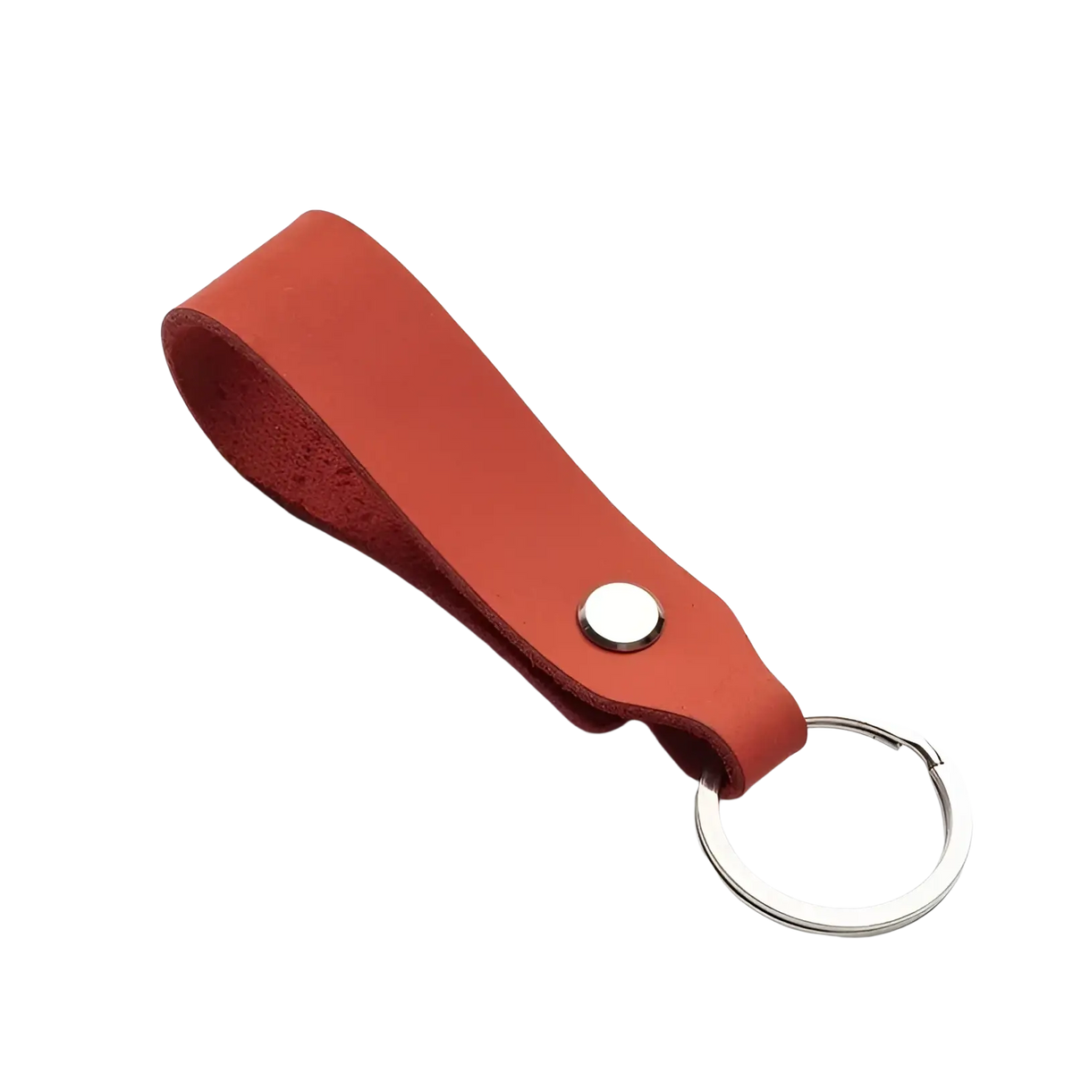 A sleek rust-colored leather car keychain set with silver-toned metal ring and button closure genuine lanyard key holder