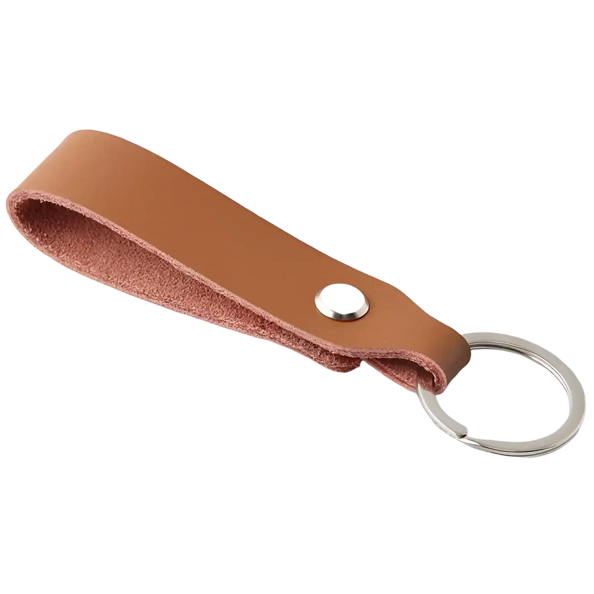 Tan leather car keychain set with genuine leather lanyard, silver-toned metal ring, and snap button closure