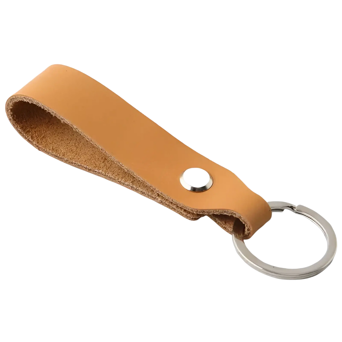 Tan leather car keychain set with silver-toned metal ring and snap button for genuine lanyard key holder use