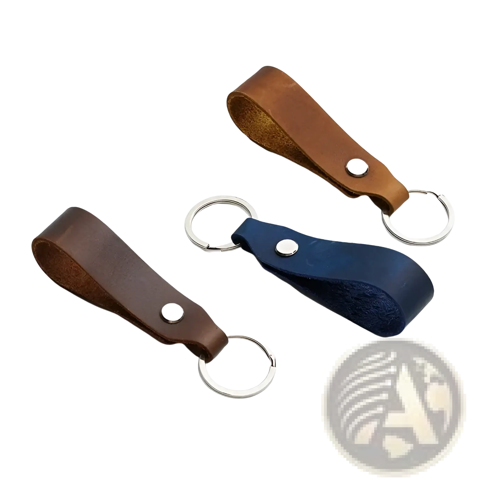 Three genuine leather car keychains in brown dark blue and tan with silver metal rings and rivets key holder set