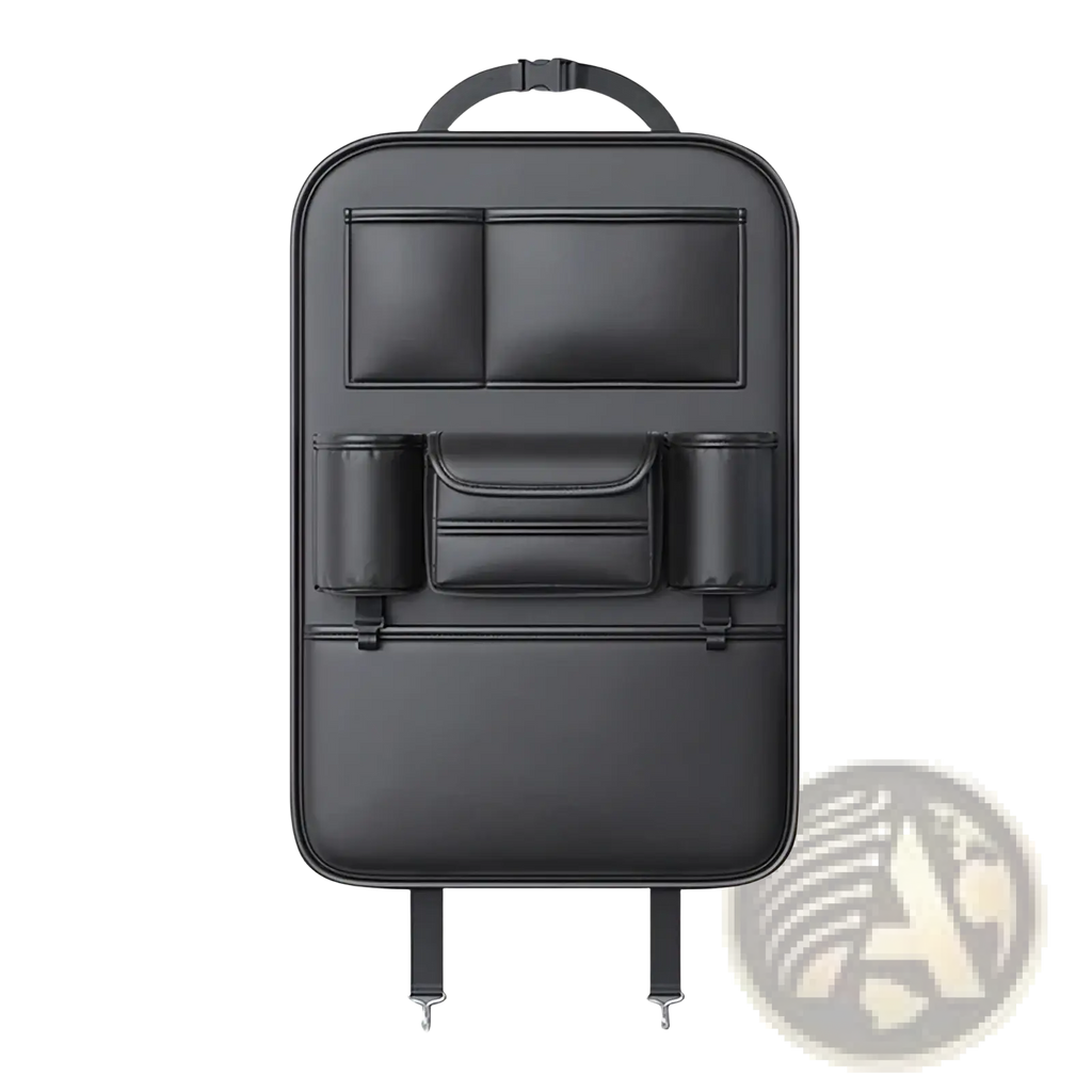 Black leather car seat back organizer with multiple compartments and cup holders and tissue holder visible from back side