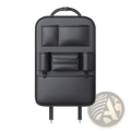 Black leather car seat back organizer with multiple compartments and cup holders and tissue holder visible from back side