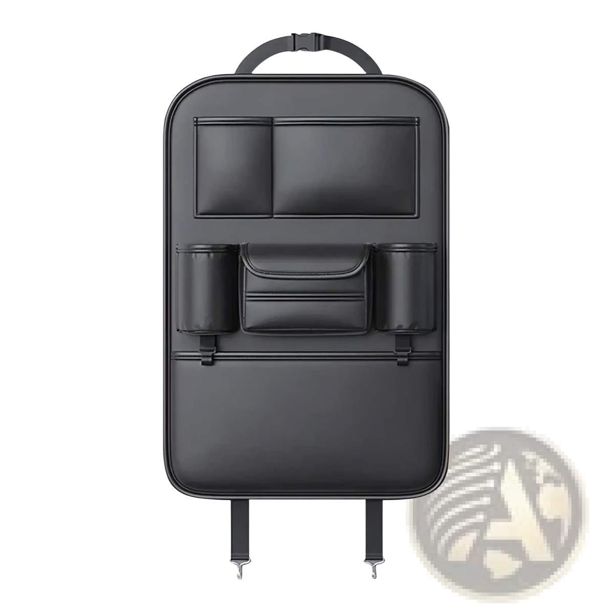 Black leather car seat back organizer with multiple compartments and cup holders and tissue holder visible from back side