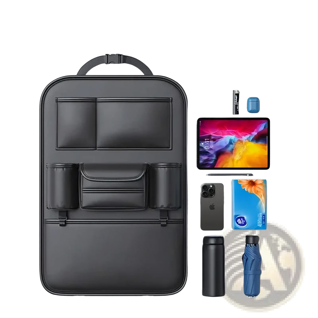 Black leather car seat back organizer with multiple compartments and top handle for easy storage and tissue holding