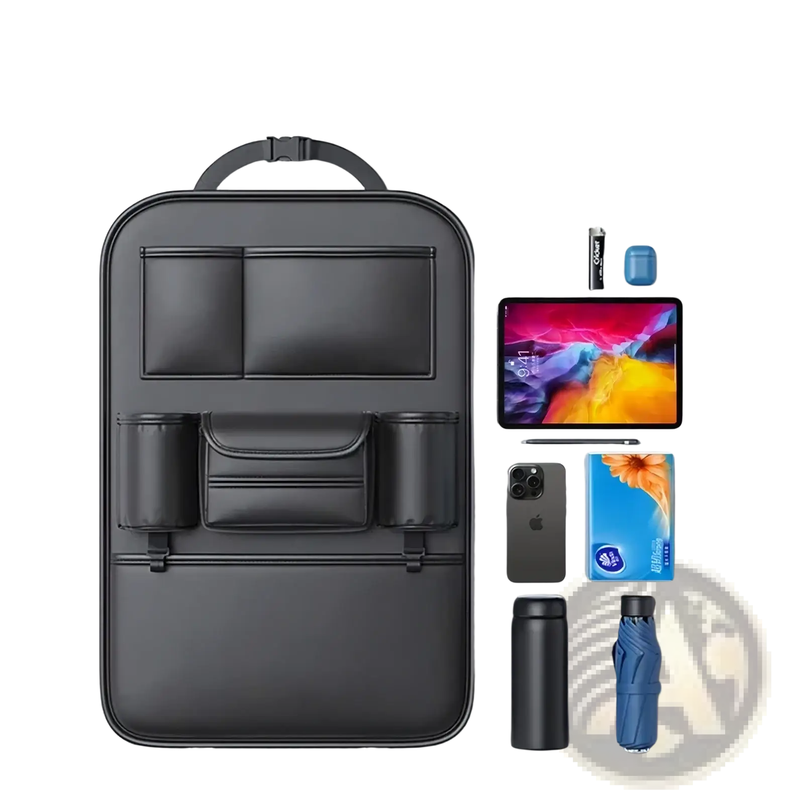 Black leather car seat back organizer with multiple compartments and top handle for easy storage and tissue holding