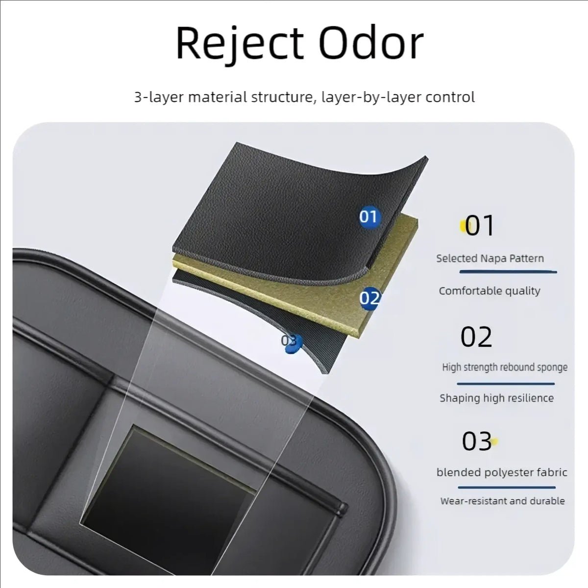 Black napa leather and blended polyester fabric layered leather car seat back organizer with tissue holder and sponge core
