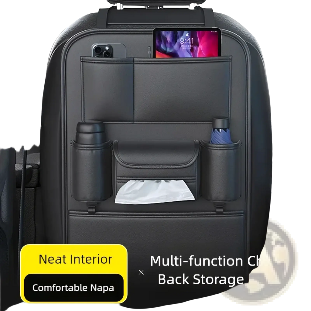 Black napa leather car seat back organizer with multiple pockets for phone umbrella water bottle and tissues storage
