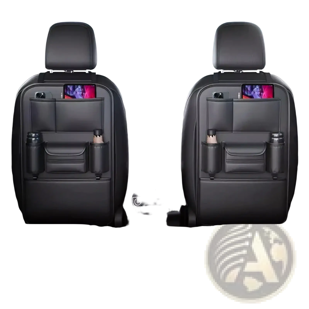 Black leather car seat back organizer with multiple pockets and bottle holders and integrated tissue holder