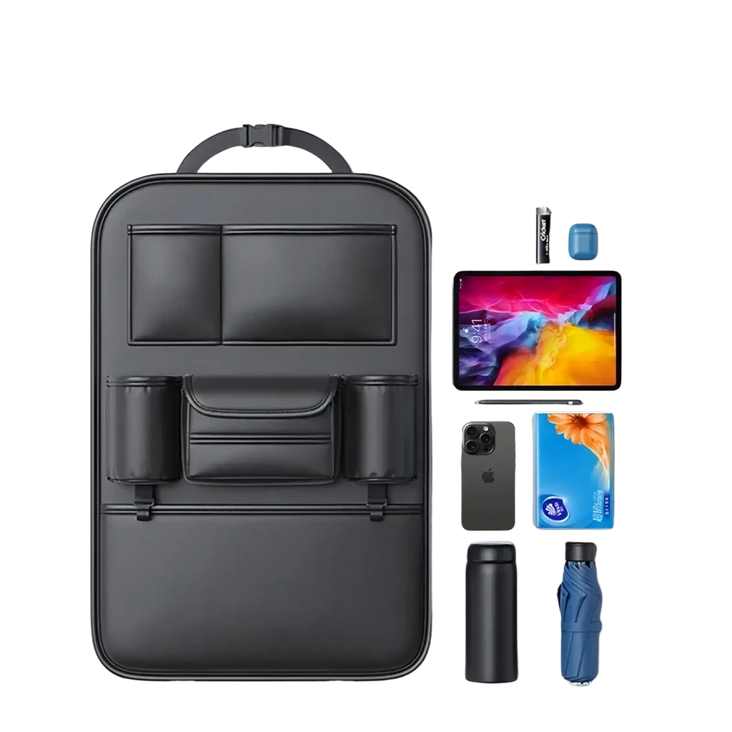 Black leather car seat back organizer with multiple compartments and top handle for easy storage and tissue holding