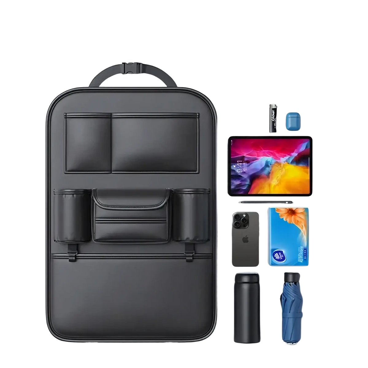 Black leather car seat back organizer with multiple compartments and top handle for easy storage and tissue holding