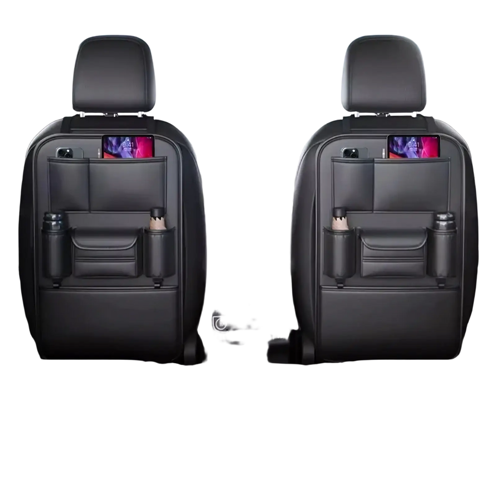 Black leather car seat back organizer with multiple pockets and bottle holders and integrated tissue holder