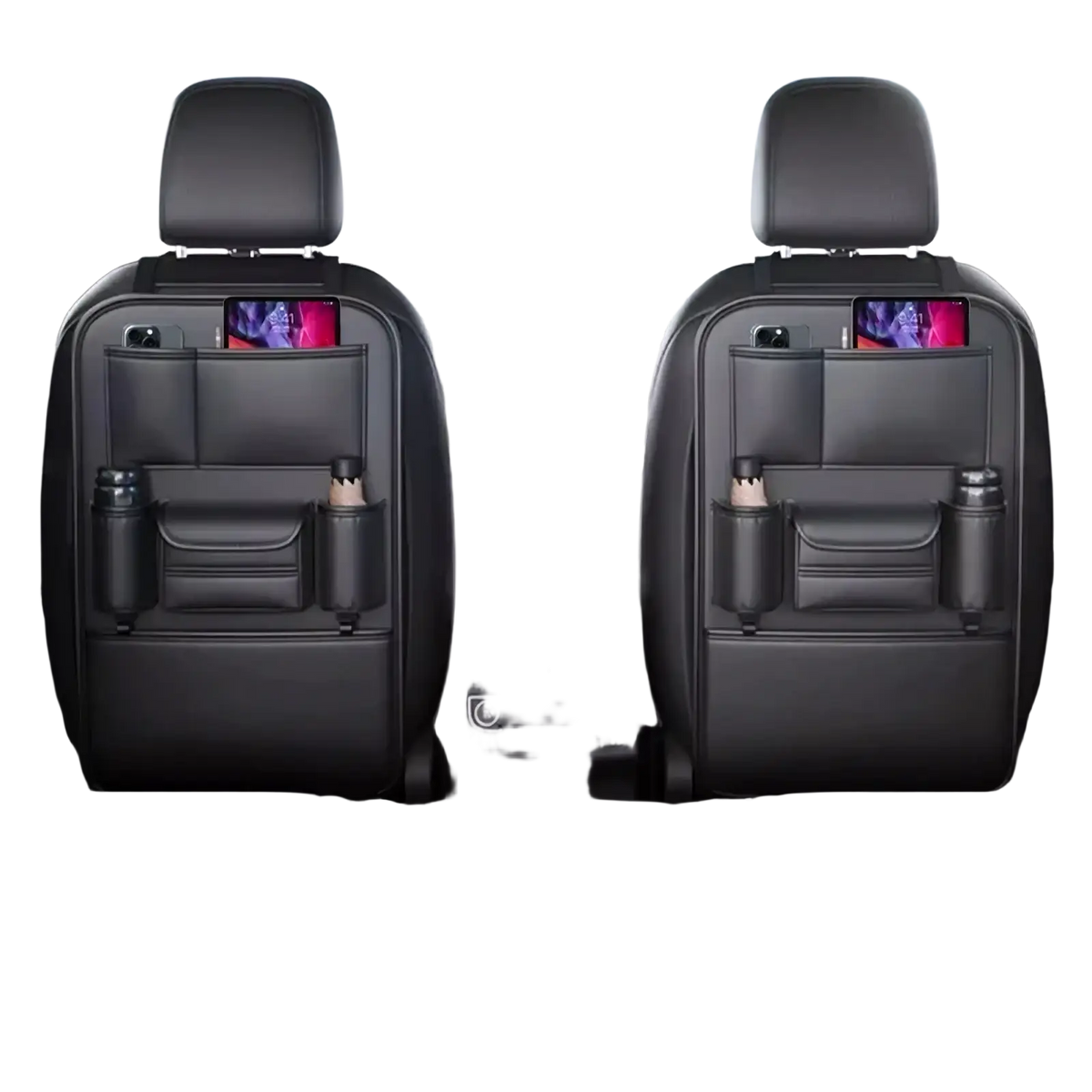 Black leather car seat back organizer with multiple pockets and bottle holders and integrated tissue holder