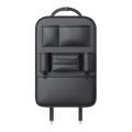 Black leather car seat back organizer with multiple compartments and cup holders and tissue holder visible from back side