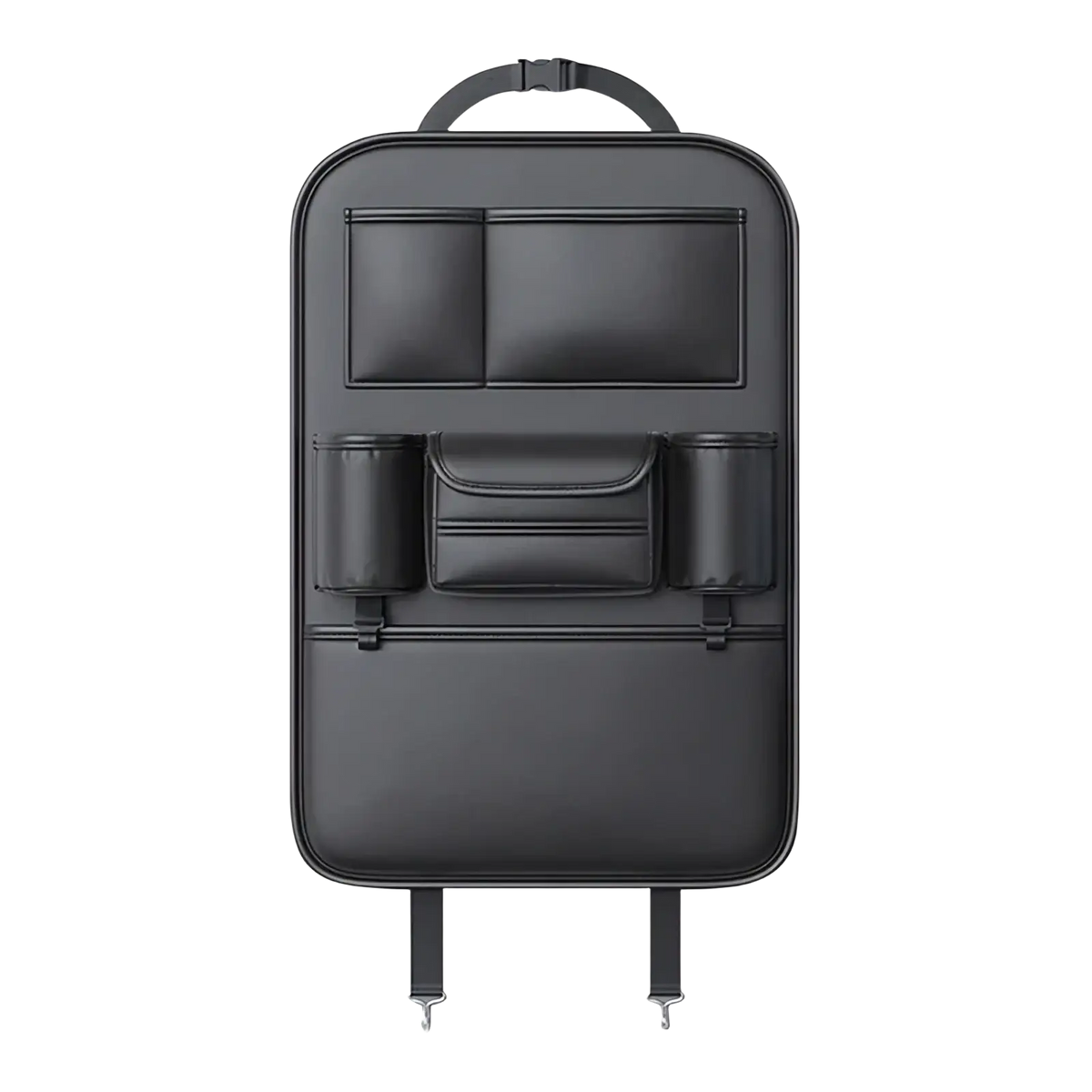 Black leather car seat back organizer with multiple compartments and cup holders and tissue holder visible from back side
