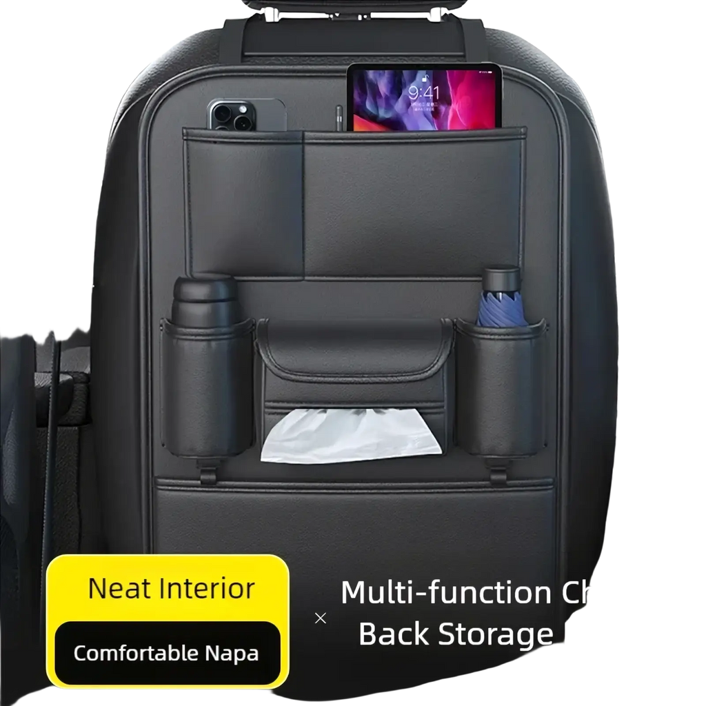 Black napa leather car seat back organizer with multiple pockets for phone umbrella water bottle and tissues storage