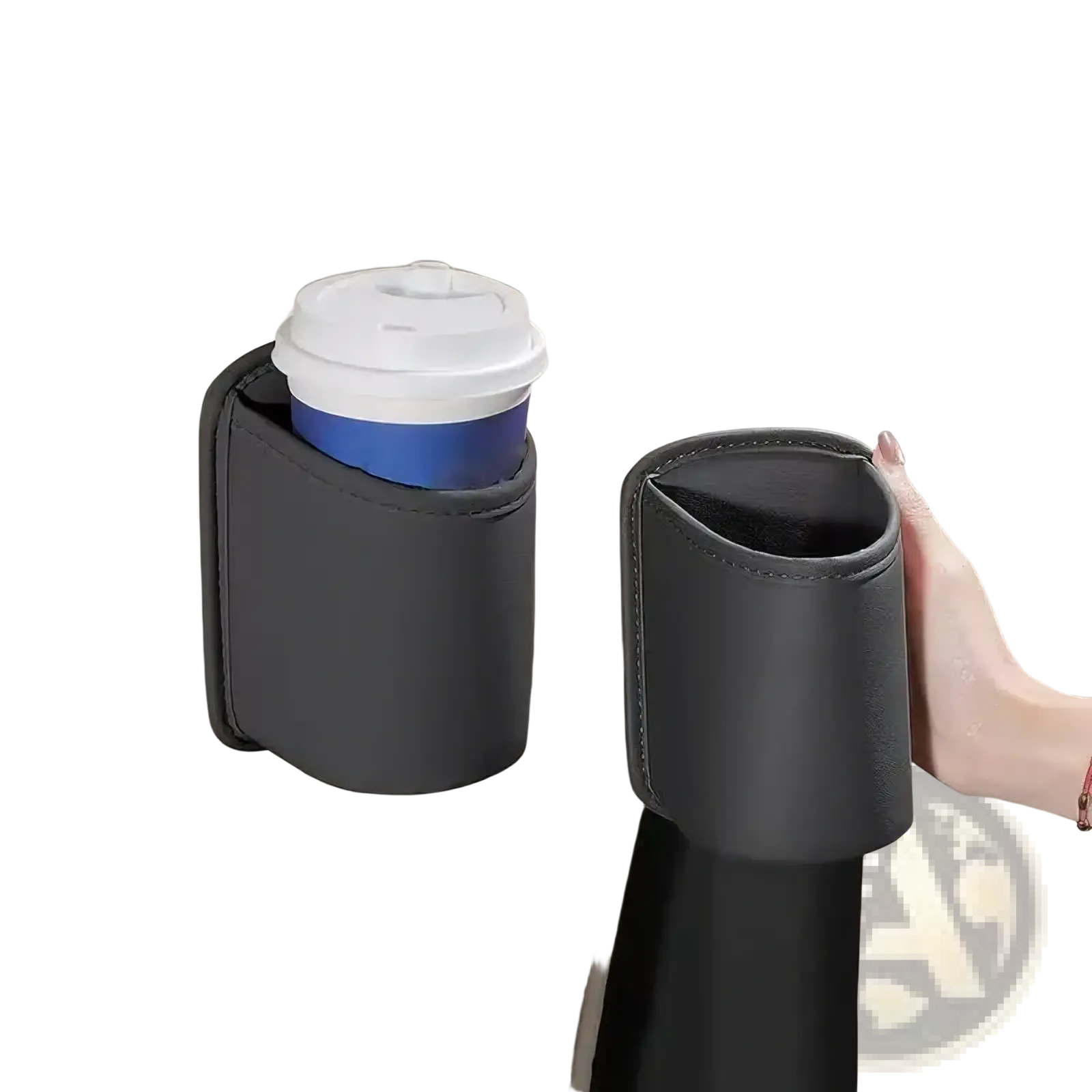 Black leather car cup holder part of leather car seat organizer designed for vehicle interior storage and convenience