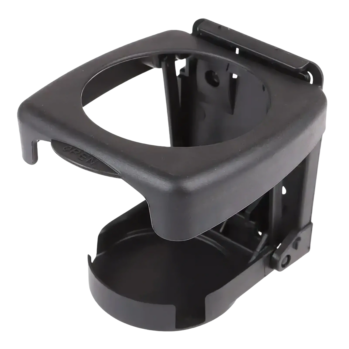 Black plastic foldable cup holder with open label designed for leather car seat organizer and cup holder accessory