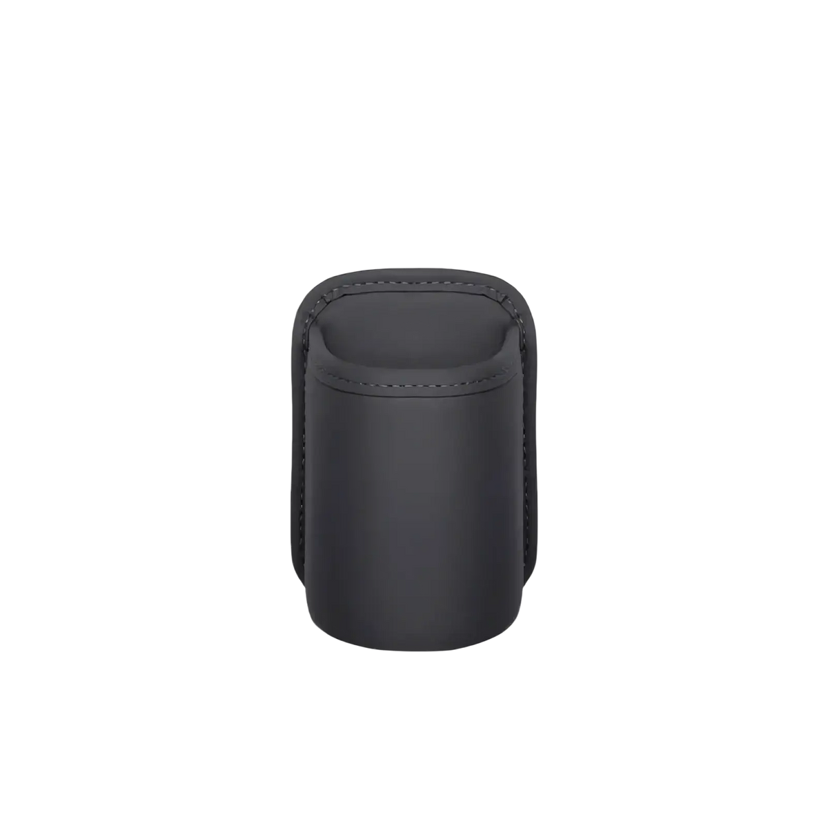 Black leather car seat organizer and cup holder with stitched edges and sleek cylindrical design for premium cars